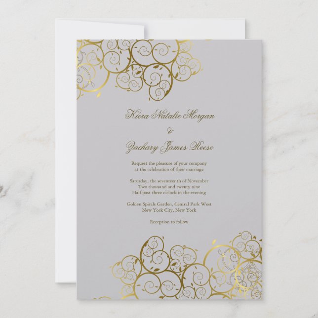 Golden Spirals Vine Classy Light Gray Wedding Invitation (Front)