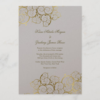 Golden Spirals Vine Classy Light Gray Wedding Invitation
