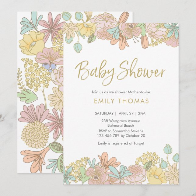 Golden Spring floral Baby Shower Invitation (Front/Back)