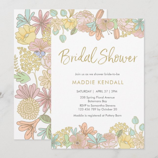 Golden Spring floral Bridal Shower Invitation (Front/Back)