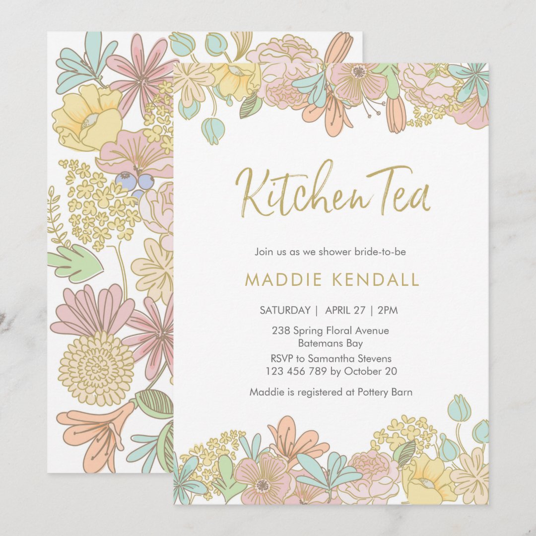 Golden Spring floral Kitchen Tea Party Invitation | Zazzle