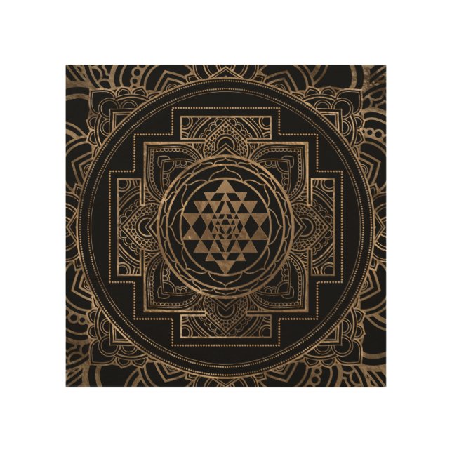 Golden Sri Yantra  / Sri Chakra in lotus Wood Wall Art (Front)