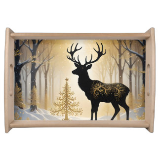 Golden Stag in the Winterlight Forest Serving Tray