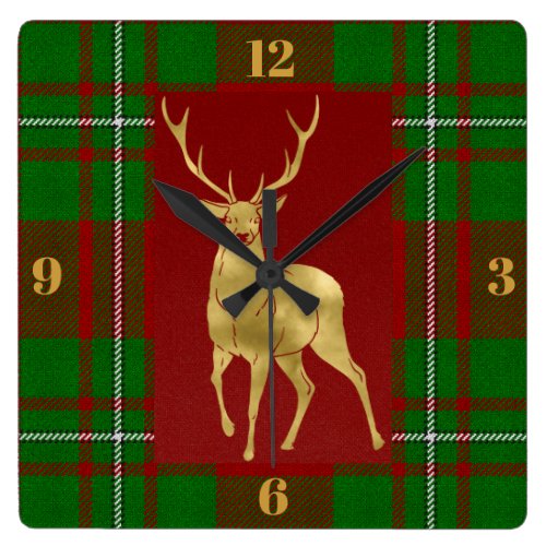 Golden Stag Macgregor Red Green Plaid Square Wall Clock