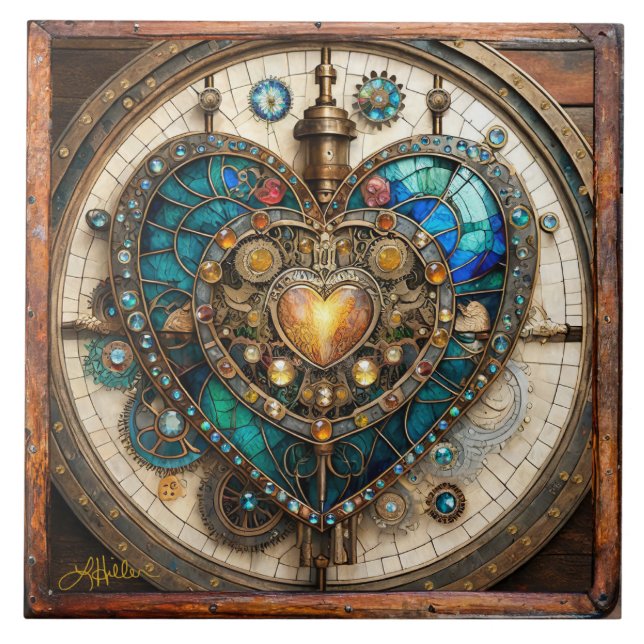 Golden Stained Glass Heart Steampunk Series Ceramic Tile (Front)