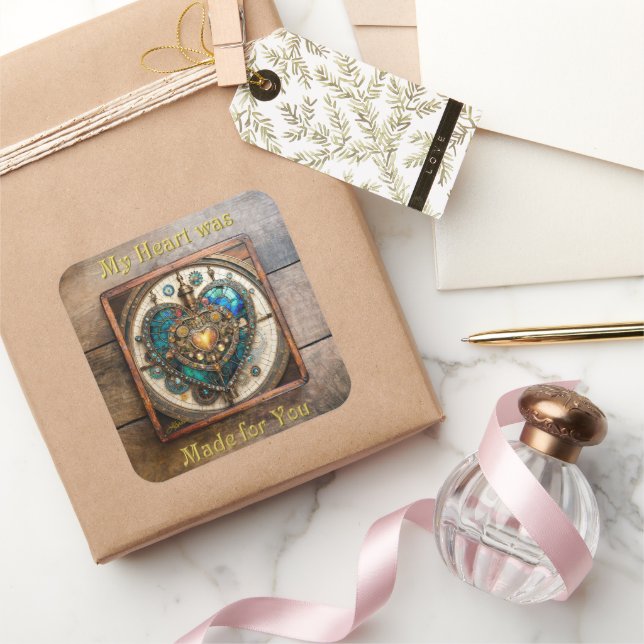Golden Stained Glass Heart Steampunk Series Square Sticker (Gifting)