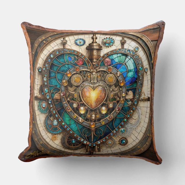 Golden Stained Glass Heart Steampunk Series Throw Pillow (Front)