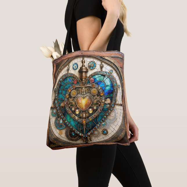 Golden Stained Glass Heart Steampunk Series Tote Bag (Close Up)