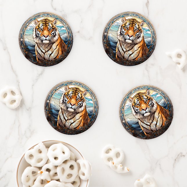 Golden Stained Glass Tiger Mountain Majesty  Coaster Set (In Situ)