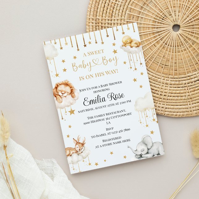 Golden Star Baby Boy Shower Sleeping Forest Animal Invitation (Creator Uploaded)