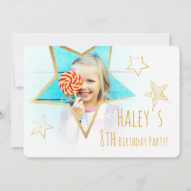Golden Star Fun Photo Birthday Party Invitation (Front)