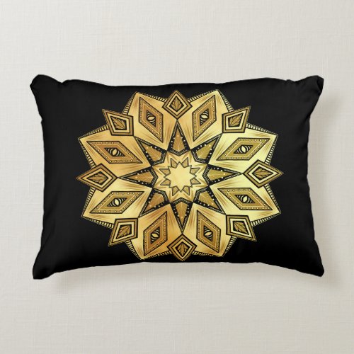 Golden Star Mandala on Black Background Accent Pillow