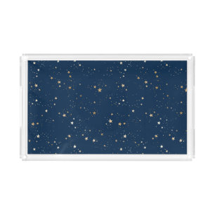 Golden Star on Blue Night Pattern Acrylic Tray