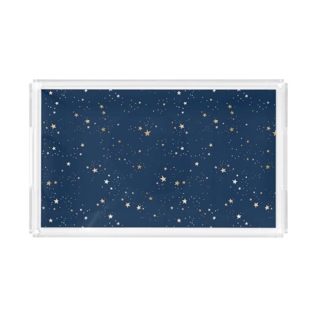 Golden Star on Blue Night Pattern Acrylic Tray (Front)