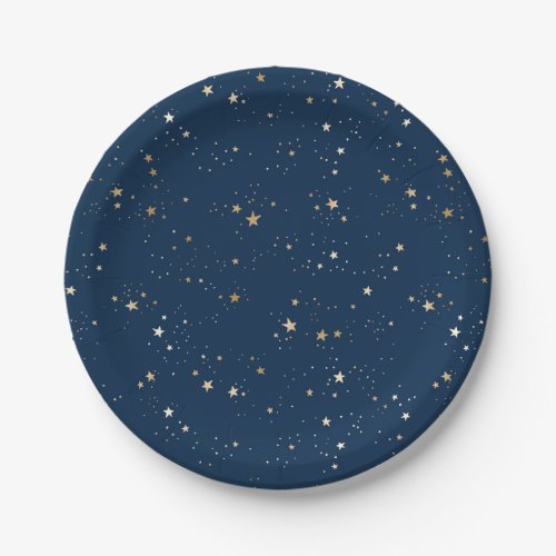 Golden Star on Blue Night Pattern Paper Plates