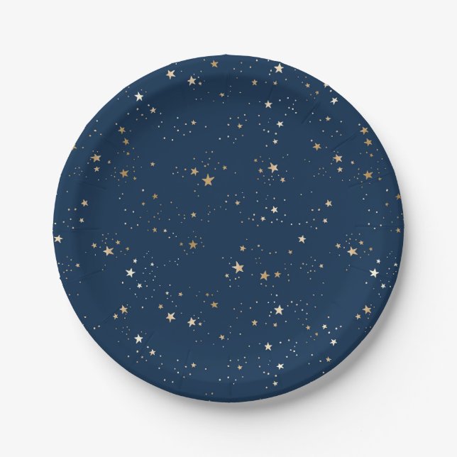 Golden Star on Blue Night Pattern Paper Plates (Front)