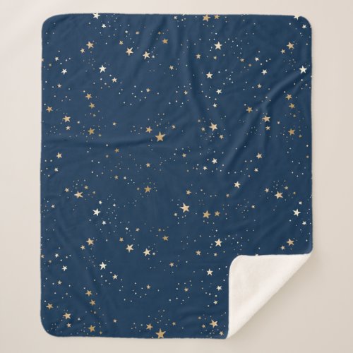 Golden Star on Blue Night Pattern Sherpa Blanket