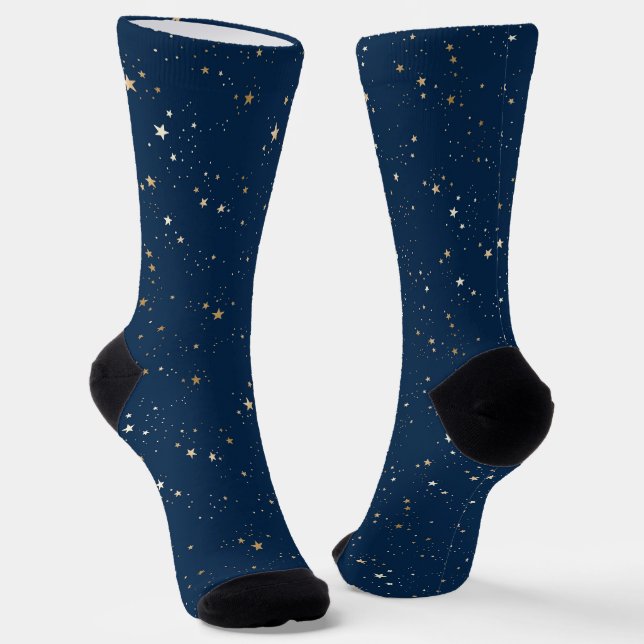 Golden Star on Blue Night Pattern Socks (Angled)