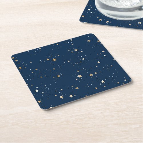 Golden Star on Blue Night Pattern Square Paper Coaster