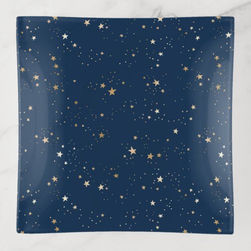 Golden Star on Blue Night Pattern Trinket Tray