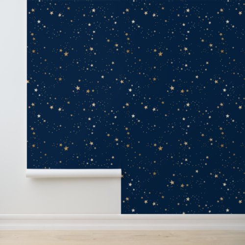Golden Star on Blue Night Pattern Wallpaper