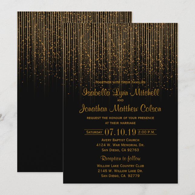 Golden Star Shower and Black Wedding Design Invitation (Front/Back)