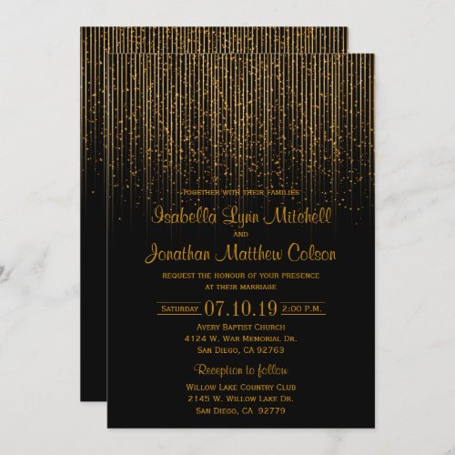 Golden Star Shower and Black Wedding Design Invitation