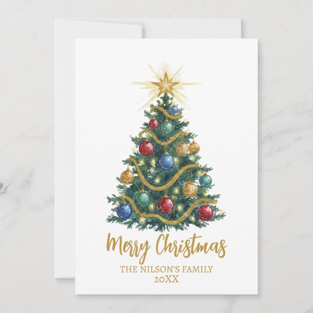 Golden Star watercolor Christmas Tree Card (Front)