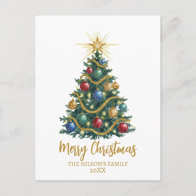 Golden Star watercolor Christmas Tree Card (Front)