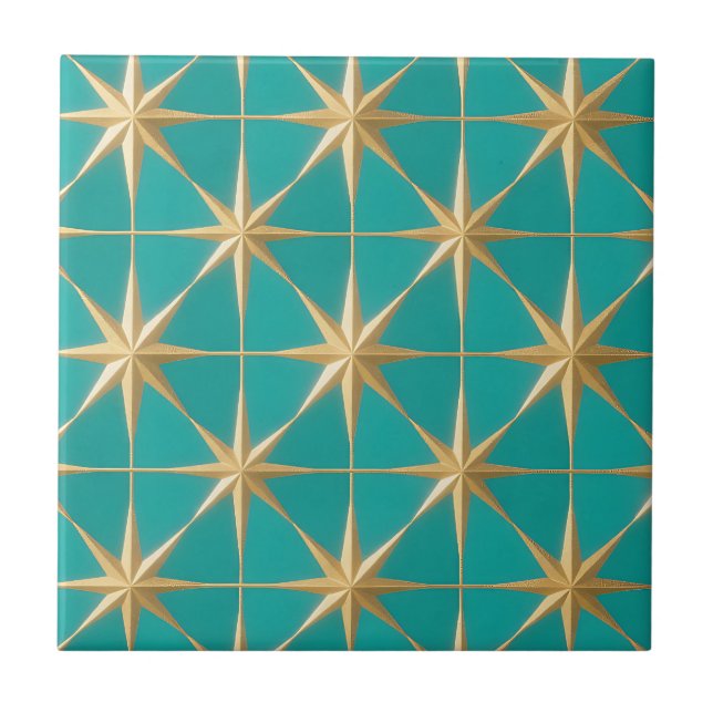 Golden Starburst Geometric Teal Midcentury Ceramic Tile (Front)