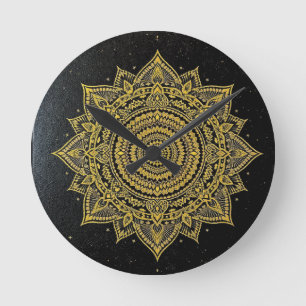 Golden Starburst Mandala on Black Round Clock