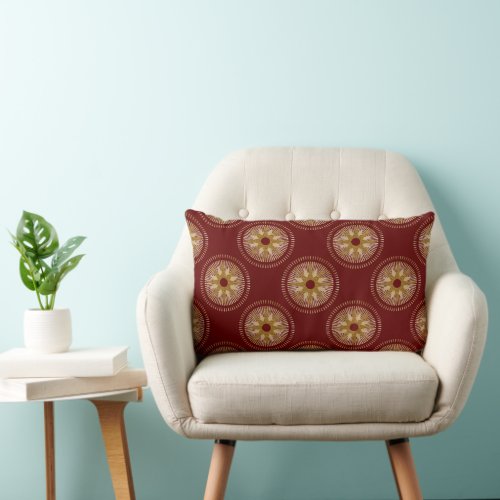 Golden Starburst Medallion Pattern  Burgundy Lumbar Pillow