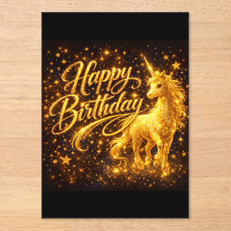 Golden Stardust Birthday — Fantasy Unicorn  Acrylic Invitations