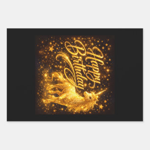 Golden Stardust Birthday — Fantasy Unicorn Wrapping Paper Sheets