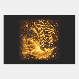 Golden Stardust Birthday — Fantasy Unicorn Wrapping Paper Sheets
