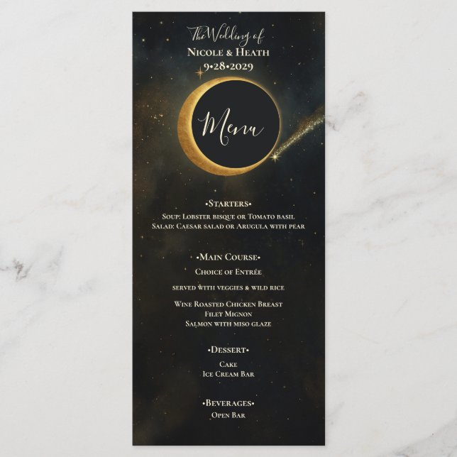 Golden Stardust Eclipse Celestial Wedding  Menu (Front)