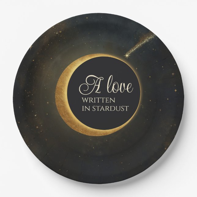 Golden Stardust Eclipse Celestial Wedding  Paper Plates (Front)