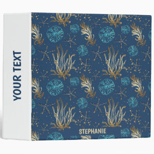 Golden Starfish & Coral Reef Pattern on Blue 3 Ring Binder