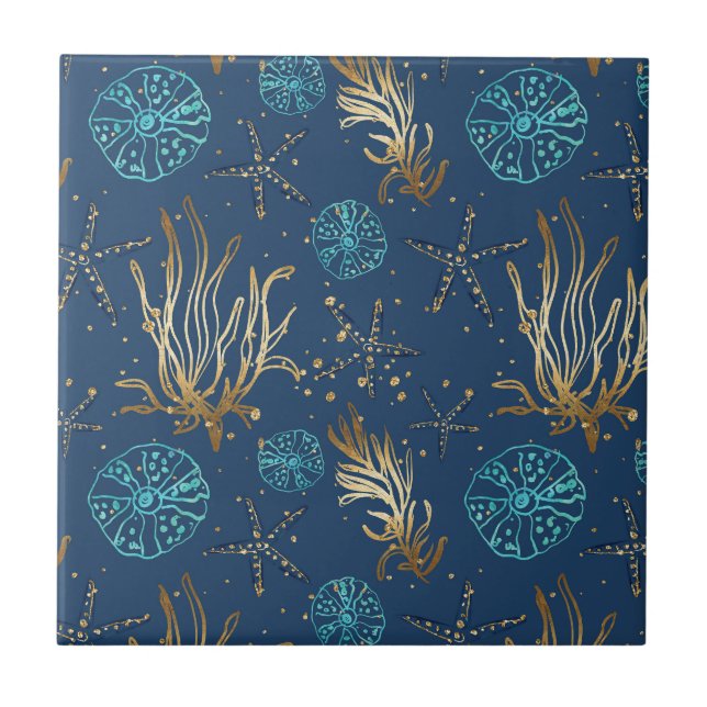 Golden Starfish & Coral Reef Pattern on Blue Ceramic Tile (Front)