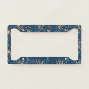 Golden Starfish & Coral Reef Pattern on Blue License Plate Frame