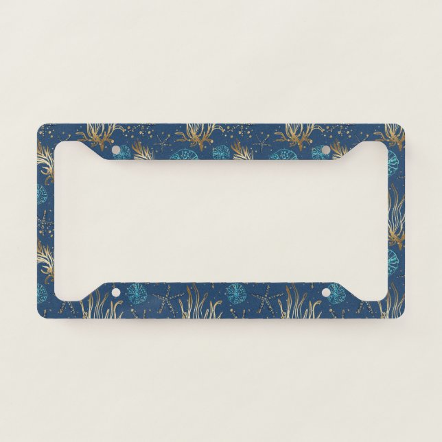 Golden Starfish & Coral Reef Pattern on Blue License Plate Frame (Front)