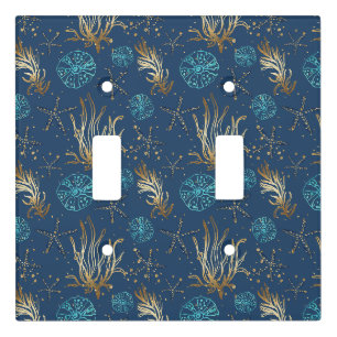 Golden Starfish & Coral Reef Pattern on Blue Light Switch Cover