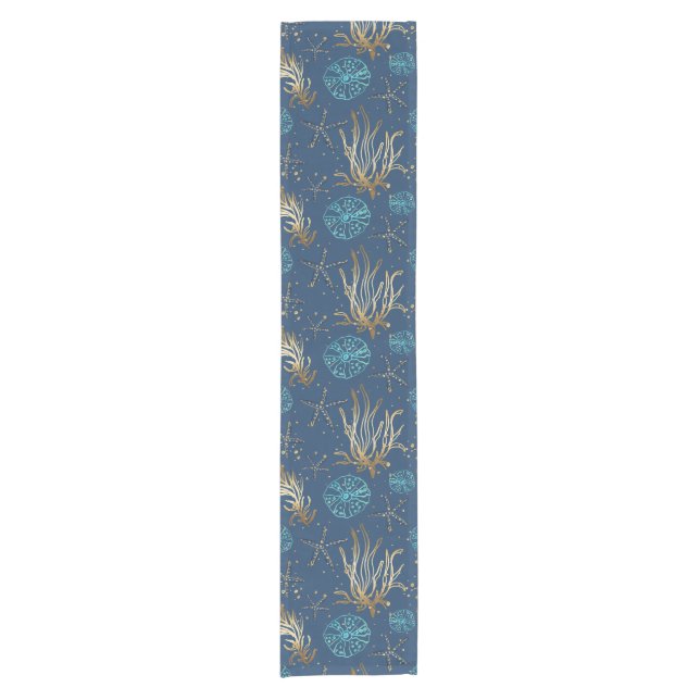 Golden Starfish & Coral Reef Pattern on Blue Short Table Runner (Front)