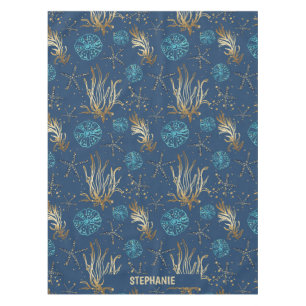 Golden Starfish & Coral Reef Pattern on Blue Tablecloth