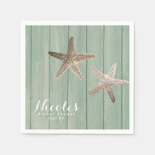 Golden Starfish & Wood Elegant Beach Custom Party Paper Napkins (Front)