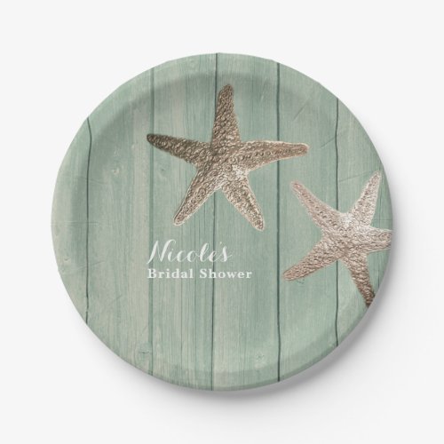 Golden Starfish  Wood Elegant Beach Custom Party Paper Plates