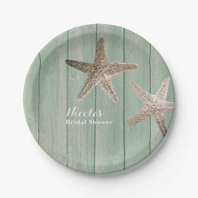 Golden Starfish & Wood Elegant Beach Custom Party Paper Plates (Front)