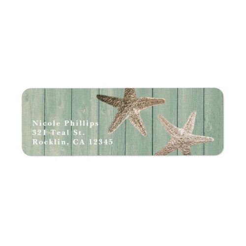 Golden Starfish  Wood Elegant Beach Invitation Label