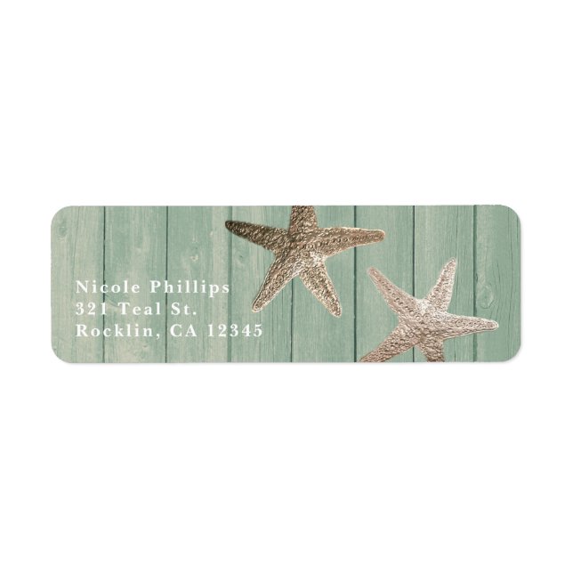 Golden Starfish & Wood Elegant Beach Invitation Label (Front)