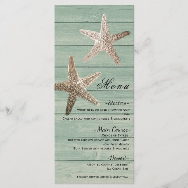 Golden Starfish & Wood Elegant Beach Menu Card (Front)
